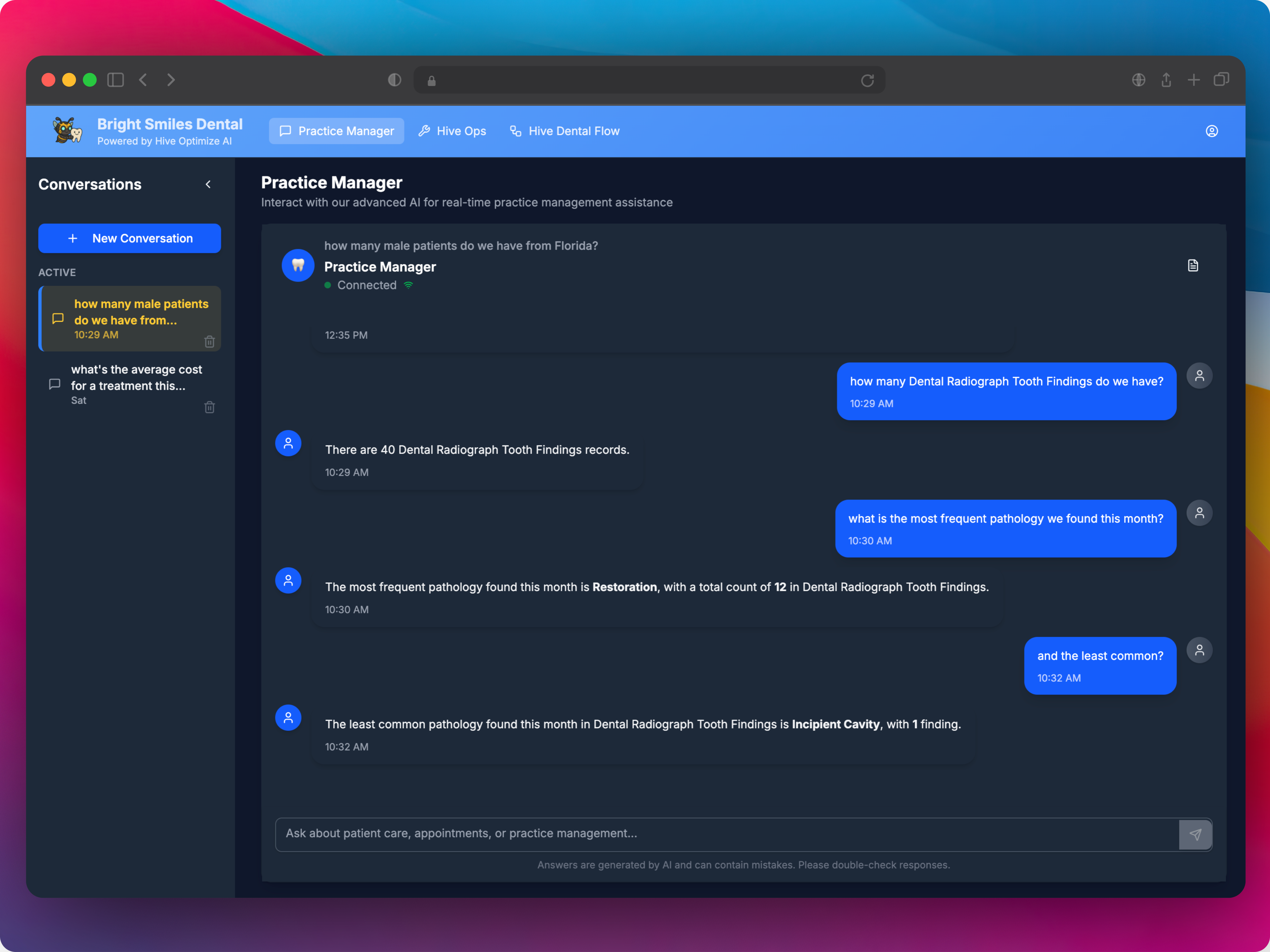 Practice Manager chat interface for Bright Smiles Dental
